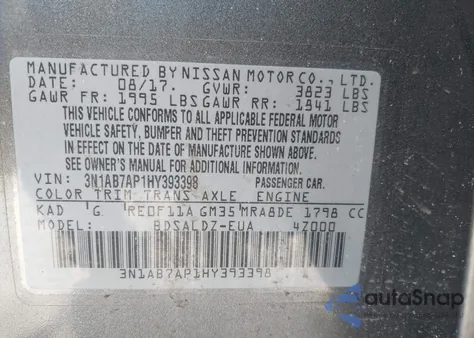 2017 Nissan Sentra Sv из США, поврежденный, VIN 3N1AB7AP1HY393398